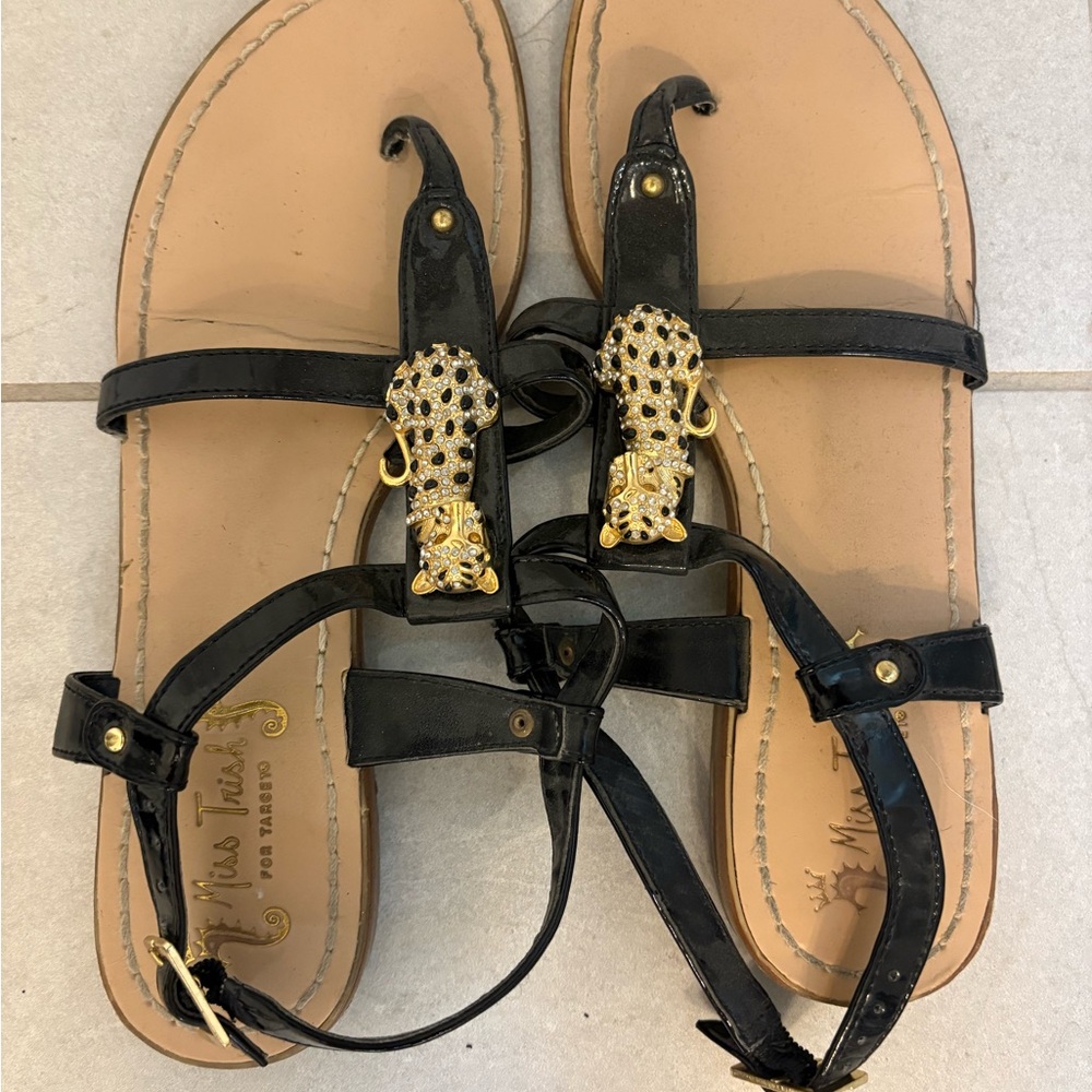 Miss Trish Black and Gold Leopard Gladiator Sandals